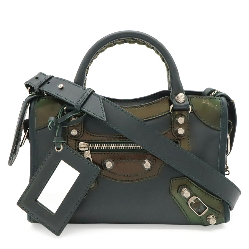 BALENCIAGA Giant Mini City Handbag Shoulder Bag Leather Enamel Dark Green 309544
